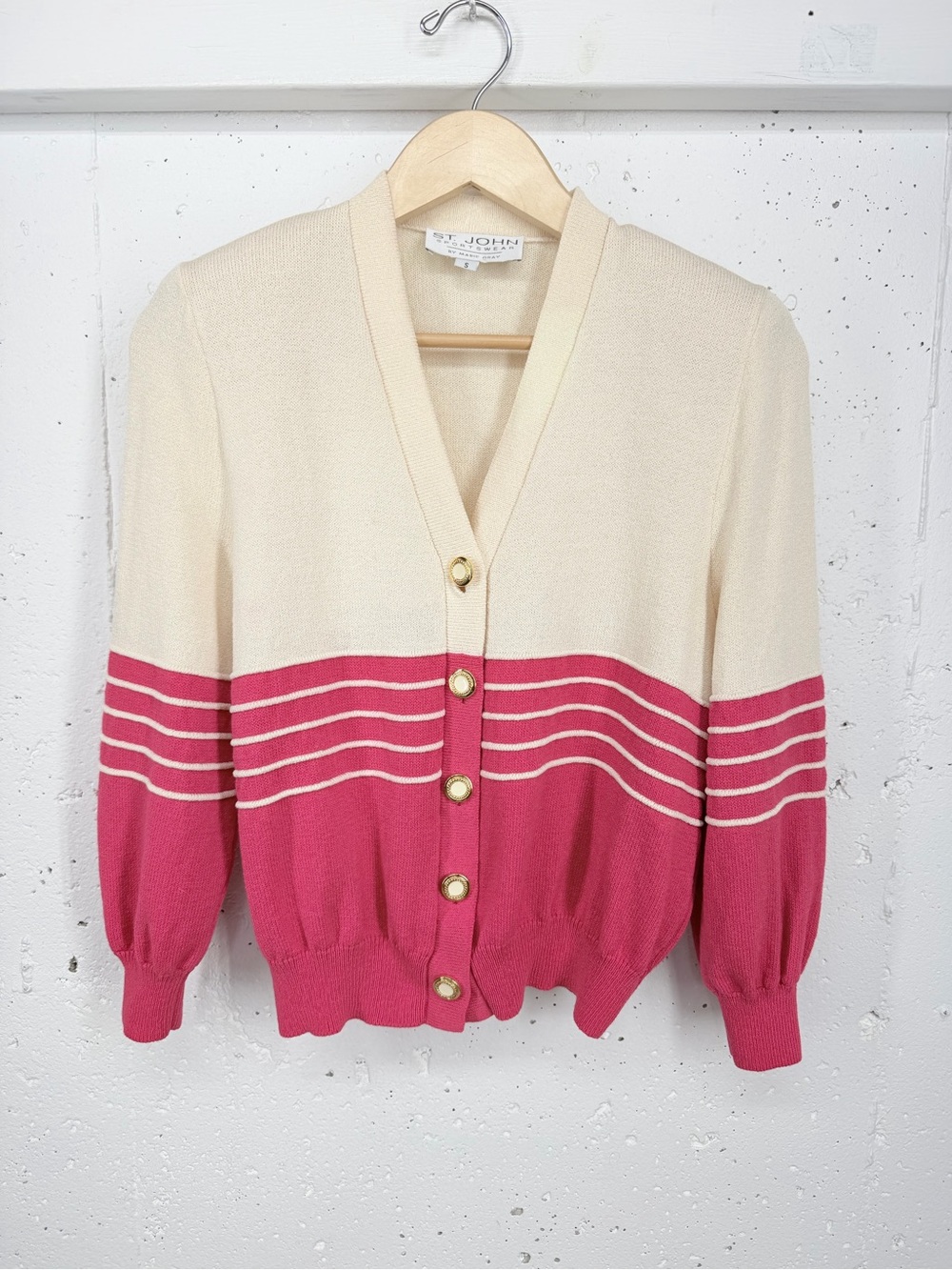 St. John Sportswear Women’s size Small Pink & Cream Knit Cardigan Sweater